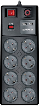 Сетевой фильтр-удлинитель Real-El RS-8F USB Charge 3 м Black