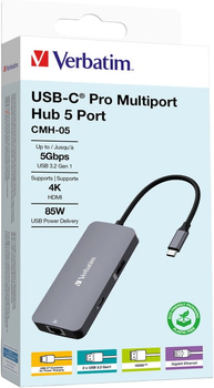 USB-хаб Verbatim CMH-05 USB Type-C до HDMI 8-портовий Grey (VB32150)