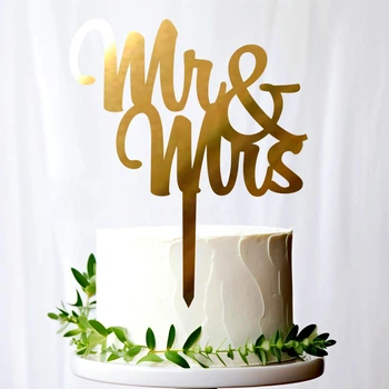 Золотий Весільний Топпер "Mr&Mrs" 12х10см Фігурка на Торт у Квіти Дзеркальний Напис Пластик Золото