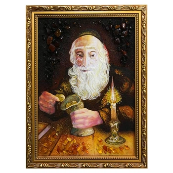 Картина "Еврей с монетами у свечи" из янтаря 20х30