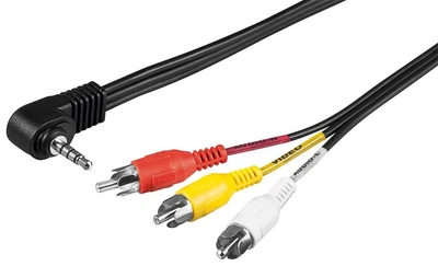 Кабель аудіо-адаптер Goobay Jack 3.5mm 4pin-RCAx3 M/M 1.5m AV (L-V-Gnd-R) 90° кутовий Flat чорний(75.05.0209)