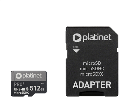 Карта памяти Platinet microSDXC 512 GB Class 10 UHS-I/U3 + SD Адаптер (PMMSDX512UIII)
