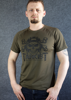 Футболка летняя "Tankist" с коротким рукавом олива Coolpass (размер XXXL) с надписью "Стальной молот" и череп в шлеме