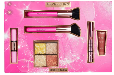 Zestaw kosmetyków dekoracyjnych Revolution Make Up Blush & Glow Rozświetlacz Róż w sztyfcie 2 x 4.3 g + Rozświetlacz w płynie 3 ml + Paleta do konturowania 9.6 g + Róż w płynie 15 ml + Pędzel do makijażu 2 szt (5057566769242