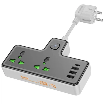 Сетевое зарядное устройство удлинитель Hoco AC11A 3 USB/ Type-C 2 розетки черное