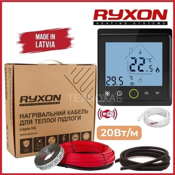 Теплый пол Ryxon 0,5м²-0,6м²/ 100Вт (5м) нагревательный кабель под плитку 20Вт/м с сенсорным программируемым терморегулятором TWE02 Wi-Fi черный