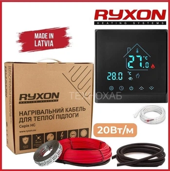 Теплый пол Ryxon 0,5м²-0,6м²/ 100Вт (5м) нагревательный кабель под плитку 20Вт/м с сенсорным программируемым терморегулятором AC8400H черный