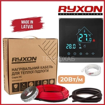 Теплый пол Ryxon 0,5м²-0,6м²/ 100Вт (5м) нагревательный кабель под плитку 20Вт/м с сенсорным программируемым терморегулятором AC8400H черный серебро