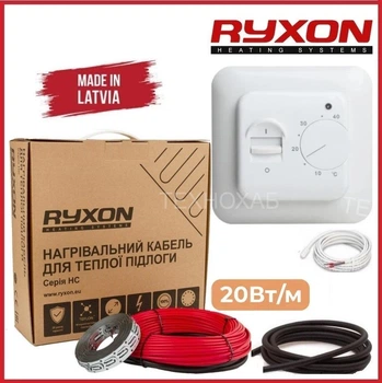 Теплый пол Ryxon 0,5м²-0,6м²/ 100Вт (5м) нагревательный кабель под плитку 20Вт/м с механическим терморегулятором RTC70 белый