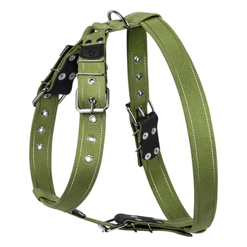 Шлея (шлейка) для крупных собак L CoLLaR Амуниция из брезента зеленая брезентовая (хлопковая тесьма) 35 мм регулируемая A:62–86 см B:78–90 см светоотражающая двойная плоская с металлической фурнитурой арт. 0645