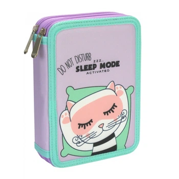 Пенал школьный для девочки CFS Sleep Mood "Котенок" 20.5х14х4.5 см 2 отделения каркасный на молнии фиолетовый с бирюзовым (CF87275)