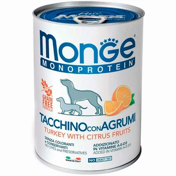 Monge (Монж) Dog Monoprotein Fruit Turkey with Citrus – Монопротеїновий паштет з індичкою та цитрусовими для собак, 400 г