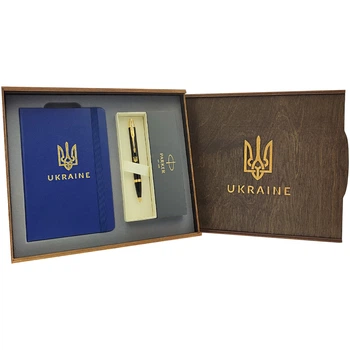Подарунковий набір: Коробка + Кулькова ручка Parker IM 17 Black GT BP Тризуб 22 032_TR + Блокнот Axent Partner Ukraine Cиній