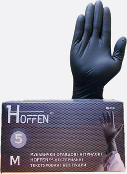 Рукавички нітрилові чорні Hoffen міцні ( 5 грам) розмір M, 100 штук/ Уп