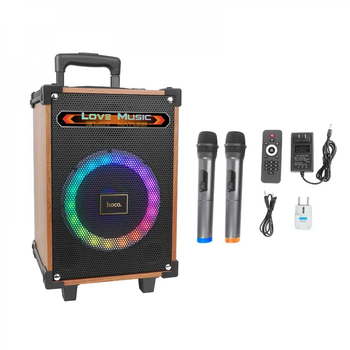 Портативная беспроводная Bluetooth колонка акустика Hoco HA2 Wave с RGB подсветкой + 2 микрофона Wooden pattern, пульт ДУ IPX5 l BT5.0, TF/SD карта, USB диск, AUX/FM/TWS, 4500mAh, 7h l Коричневый