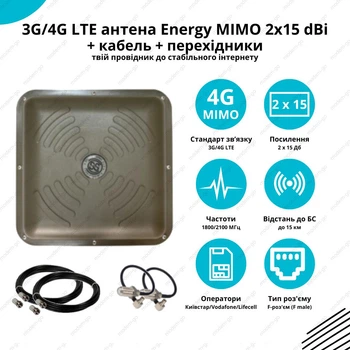 Антенный 4G MIMO комплект 3G/4G LTE антенна Energy MIMO 2x15 dBi + кабель + переходники