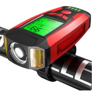 Аккумуляторный велофонарь + звонок + велокомпьютер AS0808 XPG+2LED(yellow)+COB(red) micro USB