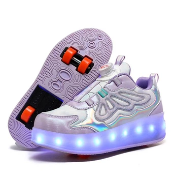 Роликовые кроссовки для девочек с LED подсветкой фиолетовые на 4-х колесах (DL127) Р.37(23,5см)