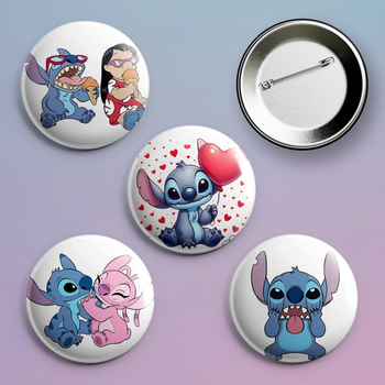 Закатні значки Стіч Lilo & Stitch металеві на шпильці 56 мм 4 штуки в комплекті
