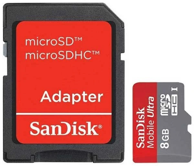 Карта памяти SanDisk MicroSD 8GB Class 10 с SD-адаптером, 15 х 11 мм, черно-красная (KSAN 8)