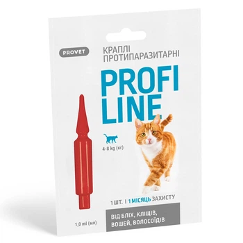 Краплі на холку для котів ProVET Profiline від зовнішніх паразитів, 1мл/1піп