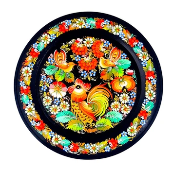 Тарелка декоративная Петриковская роспись 30 см из дерева ПЕТУШОК и СОЛОВЬИ В ЦВЕТАХ на темном Украинский сувенир