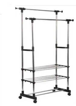 Вішалка для одягу Double Pole WJF-002/80х38х160см стійка підлогова в передпокій для речей на колесах телескопічна для будинку офісу кафе магазину подвійна переносна регульована меблі для передпокою полиця для взуття сірий з чорним