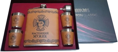 Набор подарочный MOONGRASS 6в1 10 Настоящий мужик фляга/лейка/стопки 4 шт. в коже