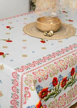 Скатерть для кухни на стол тканевая из льна в украинском стиле вышиванки 150х110 см (Е05012В-3)