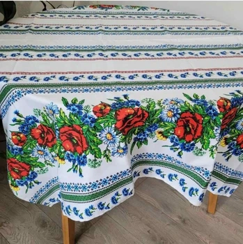 Скатерть для кухни на стол тканевая из льна в украинском стиле вышиванки 150х180 см (Е0508В-3)