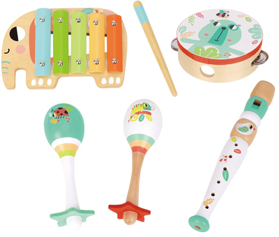 Zestaw muzyczny instrumenty Tooky Toy dla Dzieci Cymbałki + Bębenek + Flet + Marakasy w Skrzyni 6 szt (6972633371113)