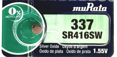 Батарейка часовая muRata/Sony SR416SW (337) 1.55V 8,3mAh 4.8x1,65mm&nbsp;серебрянно-цинковая