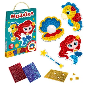 Набор для творчества Vladi Toys Блестящая мозаика Русалочка 243 элемента 3 основы с волшебной палочкой для детей 3-6 лет разноцветный