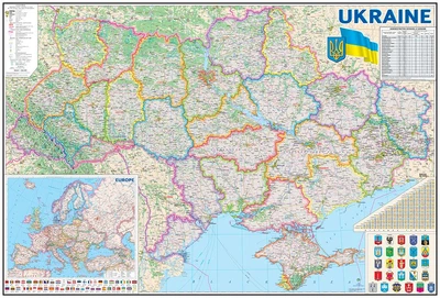 Карта Украины Административно-территориальное устройство на английском языке 160x110 см М 1:850 000 ламинированная бумага