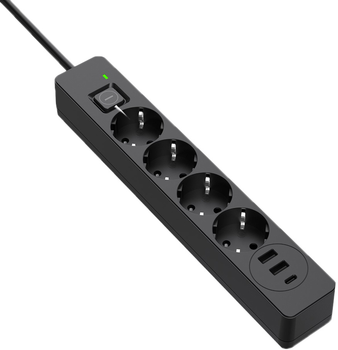 Сетевой фильтр-удлинитель ColorWay 4 розетки/3USB (2USB-A + 1 TYPE-C) (24 Вт) 2 м Black (CW-CHE432PDB)
