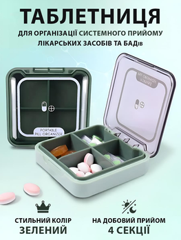 Органайзер для таблеток карманная мини таблетница VMHouse контейнер на 4 отделения зеленый (0023-0003)