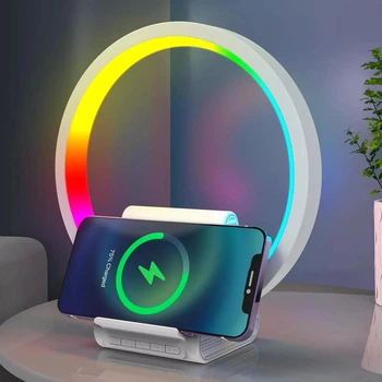 Бездротова зарядка WiWU 4в1 15W + колонка 5W + RGB-підсвічування + радіо Нічник з блютуз колонкою та зарядним пристроєм 1500 mAh Білий