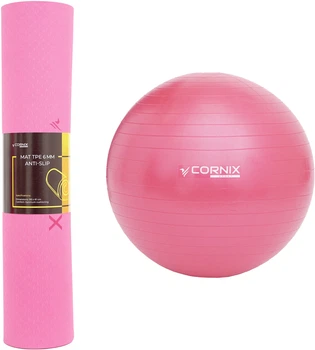 Набор Коврик спортивный Cornix TPE 183 x 61 x 0.6 см для йоги и фитнеса XR-0005 Pink/Rose + Мяч для фитнеса (фитбол) Cornix 75 см Anti-Burst XR-0024 Pink