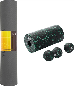 Набір Килимок спортивний Cornix TPE 183 x 61 x 0.6 см для йоги та фітнесу XR-0002 Black/Green + Масажний набір Cornix XR-0079 Ball 8 см, Duoball 8 х 16 см та Foam Roller 30 х 15 см