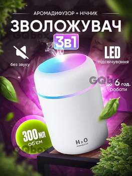 Портативный увлажнитель воздуха Smart Car Humidifier H2O Компактный светодиодный ультразвуковой диффузор 300 мл Детский ночник Белый