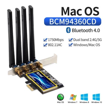 Сетева карта PCI-E Fenvi FV-T919 (BCM94360 Chipset), Dual Band 2.4Ghz-450Mbps/5Ghz-1300Mbps (1750Mbps), Bluetooth 4.0, 4 антенны, HACKINTOSH