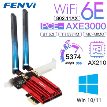 Сетевая карта PCI-E Fenvi PCE-AXE3000 (Intel AX210) адаптер 2.4G/5G/6Ghz 5374 Mbps + Bluetooth 5.3 , 2 антенны, с радиатором