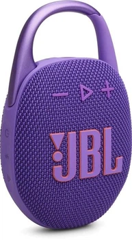 Акустическая система портативная JBL серии Clip 5 Purple (JBLCLIP5PUR), однополосная, 7 Вт, 1400 мАч, 12 часов автономной работы, 100 Гц – 20 кГц, Bluetooth 5.3, Type-C, механическое управление, IP67, мобильное приложение, фиолетовые