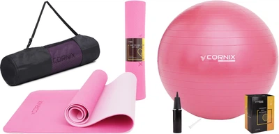 Набір Килимок спортивний Cornix TPE 183 x 61 x 0.6 см для йоги та фітнесу XR-0005 Pink/Rose + М'яч для фітнесу (фітбол) Cornix 55 см Anti-Burst XR-0017 Pink