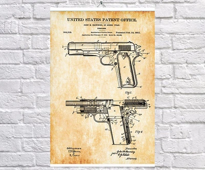 Постер BEGEMOT Патент-креслення Пістолет Кольт 1911р 40x61 см Жовтий (1120243)