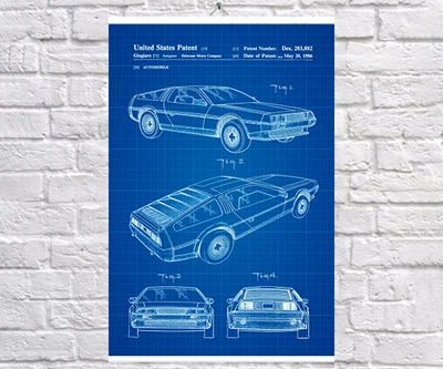 Постер BEGEMOT Патент-креслення Автомобіль Delorean 40x61 см Синій (1120265)
