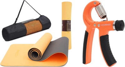 Набор коврик спортивный Cornix TPE 183 x 61 x 0.6 см для йоги и фитнеса XR-0001 Orange/Black + Эспандер кистевой Cornix XR-0143 с регулируемой нагрузкой 5-60 кг Оранжевый/Черный