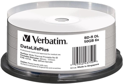Dyski Verbatim BD-R DL 50GB 6x Wide White Thermal Printable Brand spindle 25 szt (0023942437505)