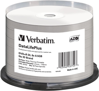 Dyski Verbatim DVD+R DL 8.5GB 8x DataLife Plus Wide Thermal Printable Spindle 50 szt (0023942437543)