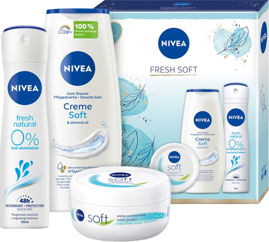 Набір косметики для догляду Nivea Fresh Soft Крем для обличчя, тіла та рук 100 мл + Гель для душу 250 мл + Дезодорант-спрей 150 мл (9005800361550)
